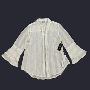 NEW $68 Liverpool Los Angeles Cotton Tiered Bell Skeeve Sheer Button Down Shirt